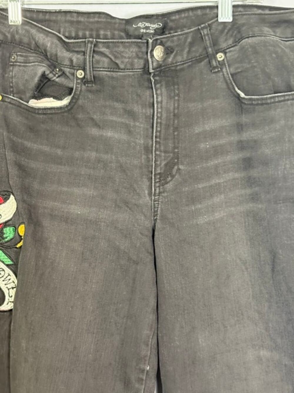 Vintage Y2K Ed Hardy Men's Black Love Kills Slowly Embroidered Wide Leg Jeans 32